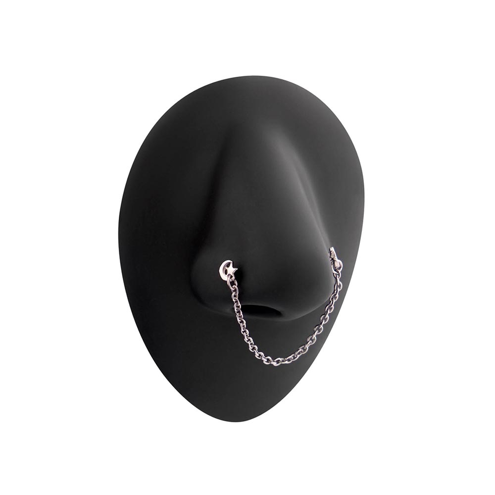 20g 1/4” Rhodium Plated Star and Moon Nose Bones with Chain