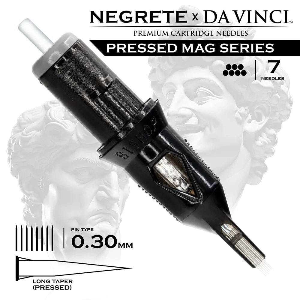 Bishop Da Vinci V2 Tattoo Cartridge Needles — Freddy Negrete Pressed Mag Series — Box of 20 Pressed Mag - 7 - #10 (0.3mm) - Long Taper