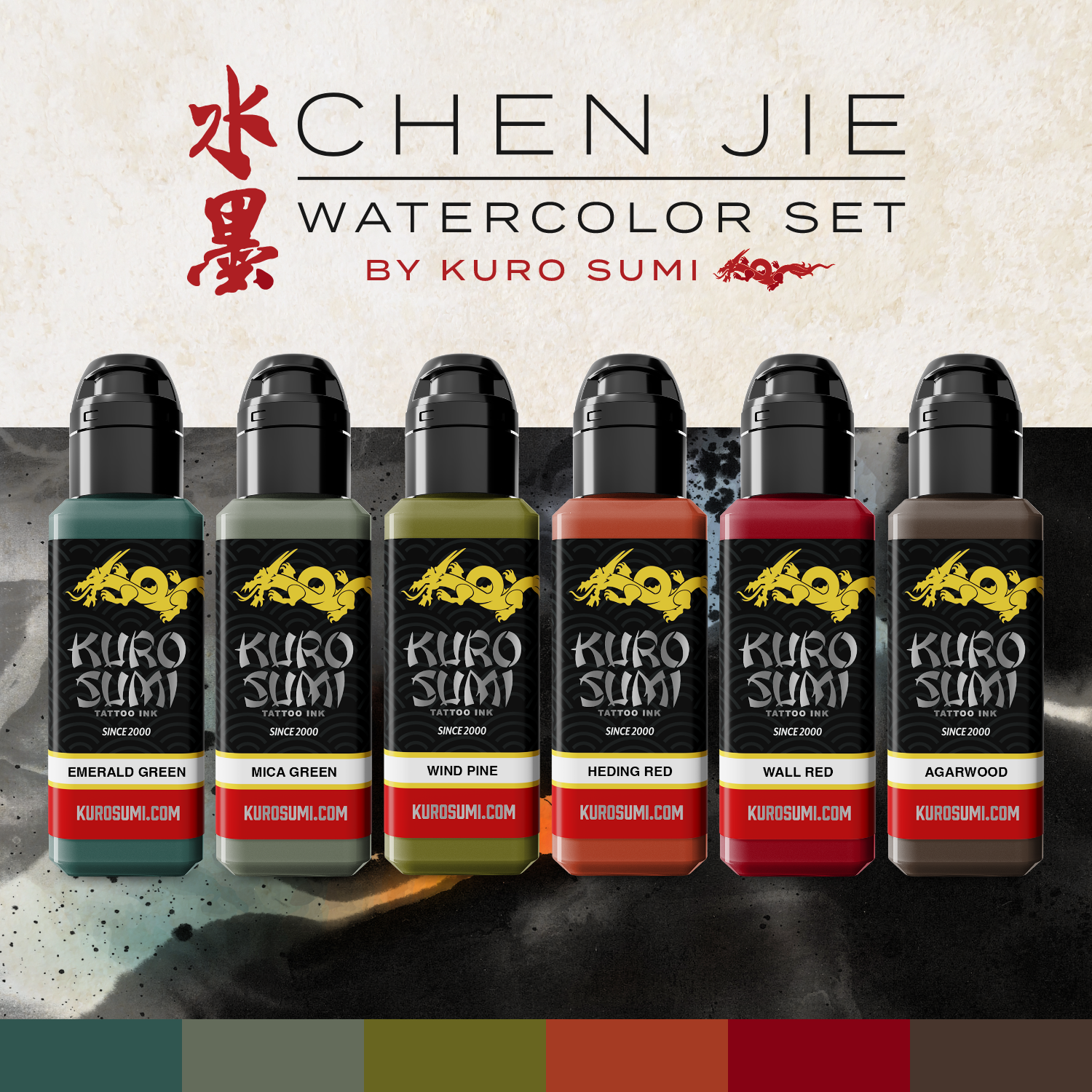Chen Jie Watercolor Set — Kuro Sumi Tattoo Ink — 6 1.5oz Bottles