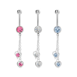 14g 7/16” Stainless Steel Double Heart Dangle Belly Button Ring — Price Per 1
