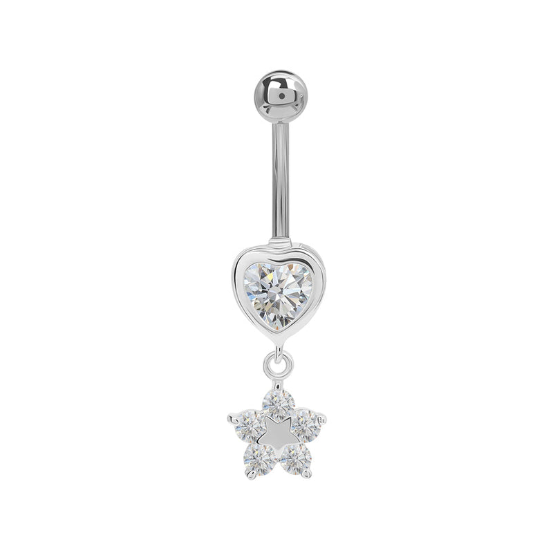 14g 7/16” Stainless Steel Simple Heart and Flower Dangle Belly Button Ring — Price Per 1