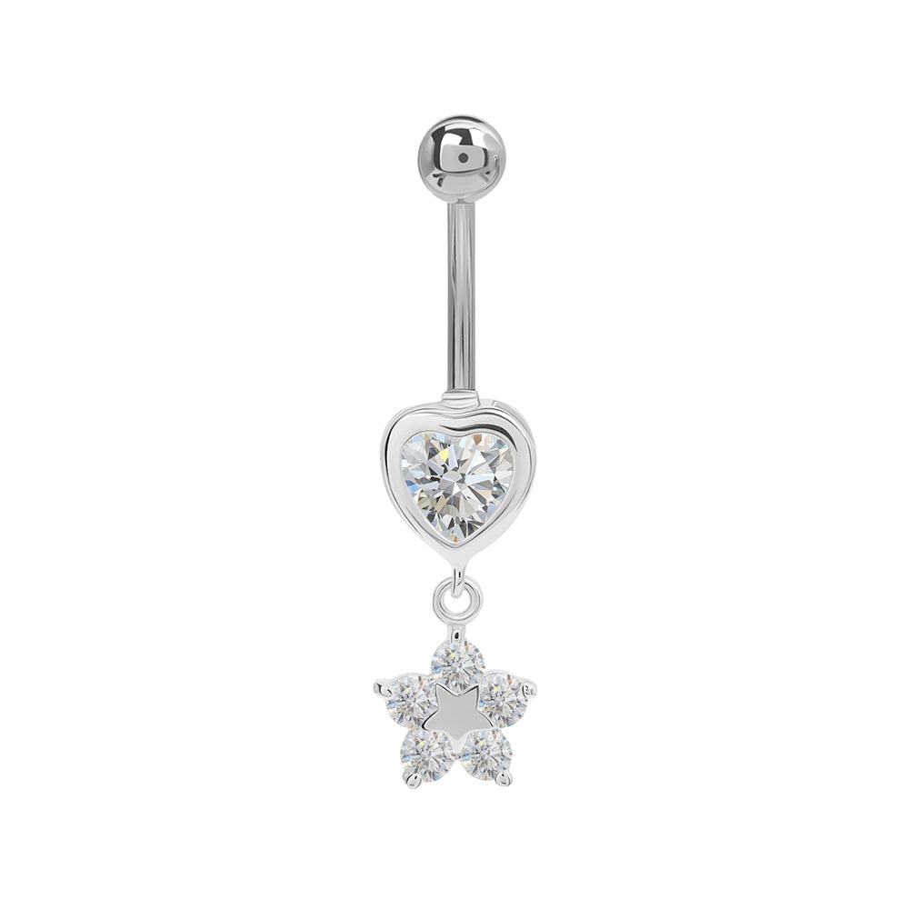 14g 7/16” Stainless Steel Simple Heart and Flower Dangle Belly Button Ring — Price Per 1