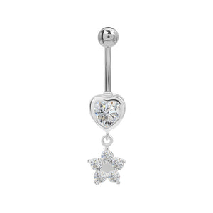 14g 7/16” Stainless Steel Simple Heart and Flower Dangle Belly Button Ring — Price Per 1