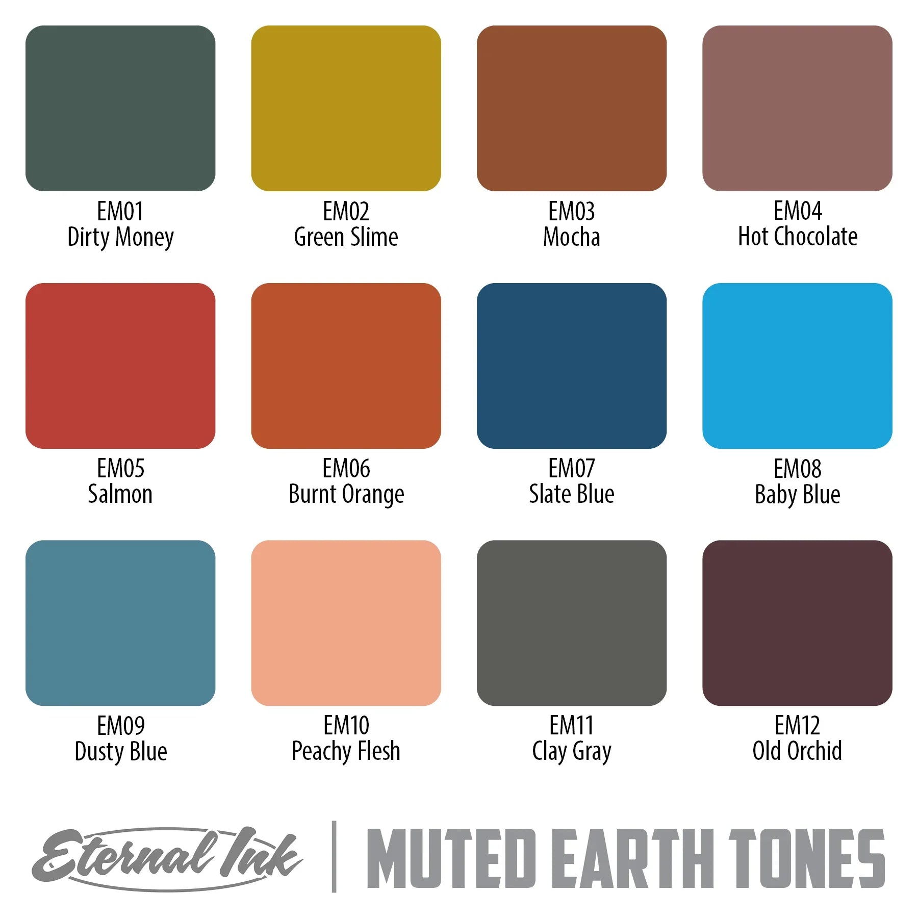 Muted Earth Tone Color Set of 12 - 1oz Bottles - Eternal Tattoo Ink