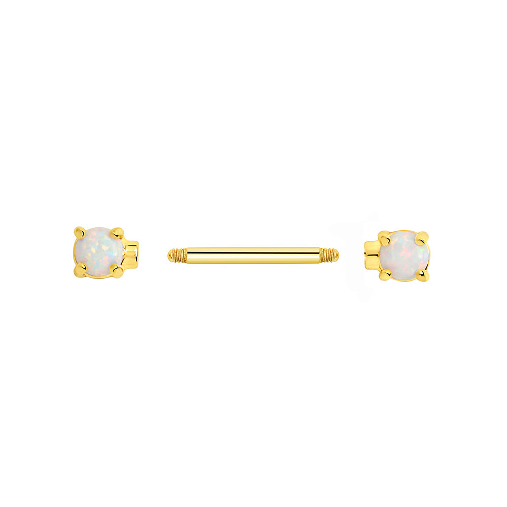 14g 9/16” Gold-Plated Straight Barbell Nipple Ring with Opal Ends — Price Per 1