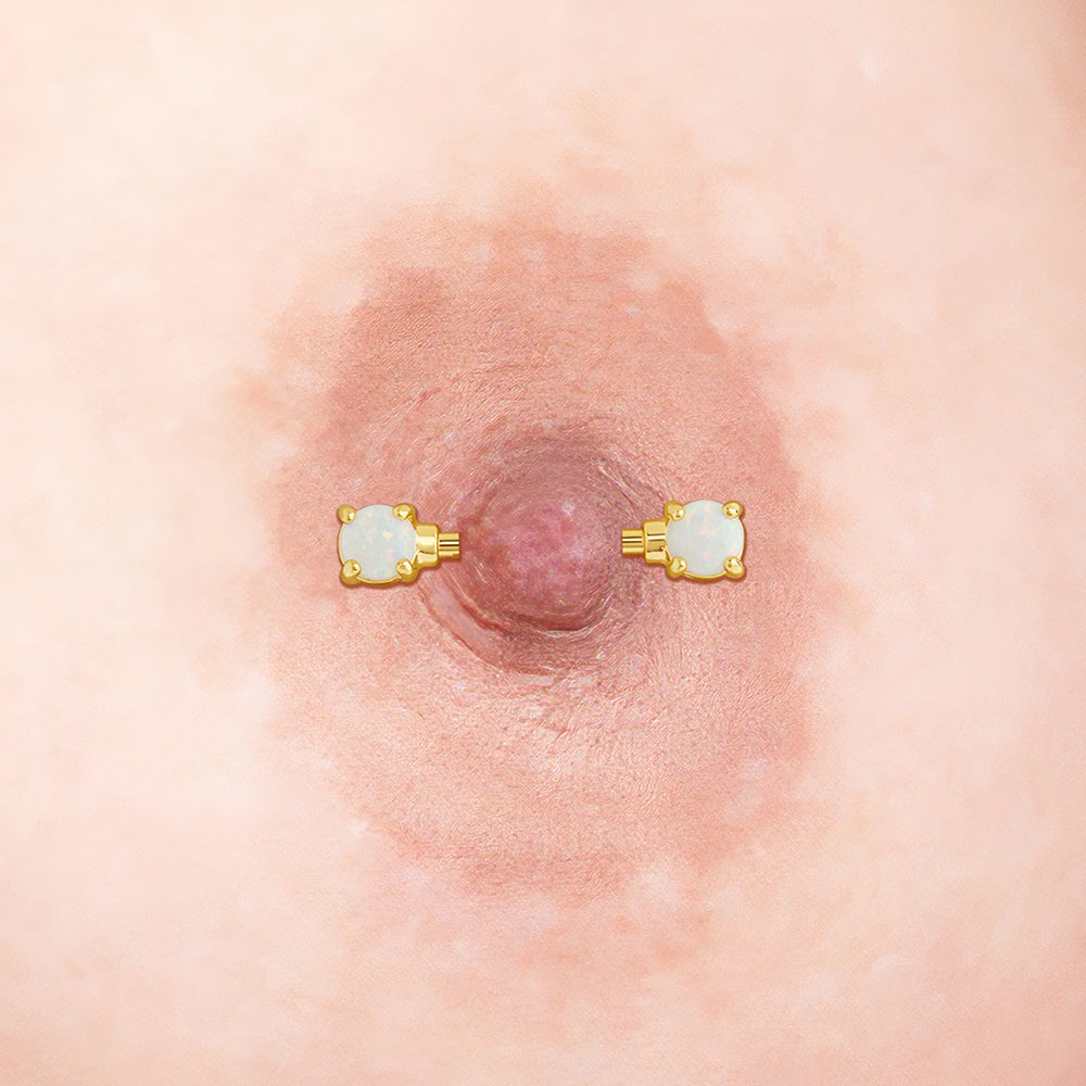 14g 9/16” Gold-Plated Straight Barbell Nipple Ring with Opal Ends — Price Per 1