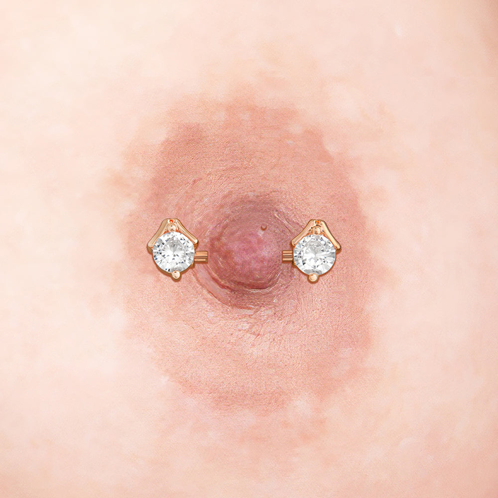 14g PVD Rose Gold Nipple Jewelry Set — Prong-Set Crystal Jeweled Straight Barbells and Captive Bead Rings