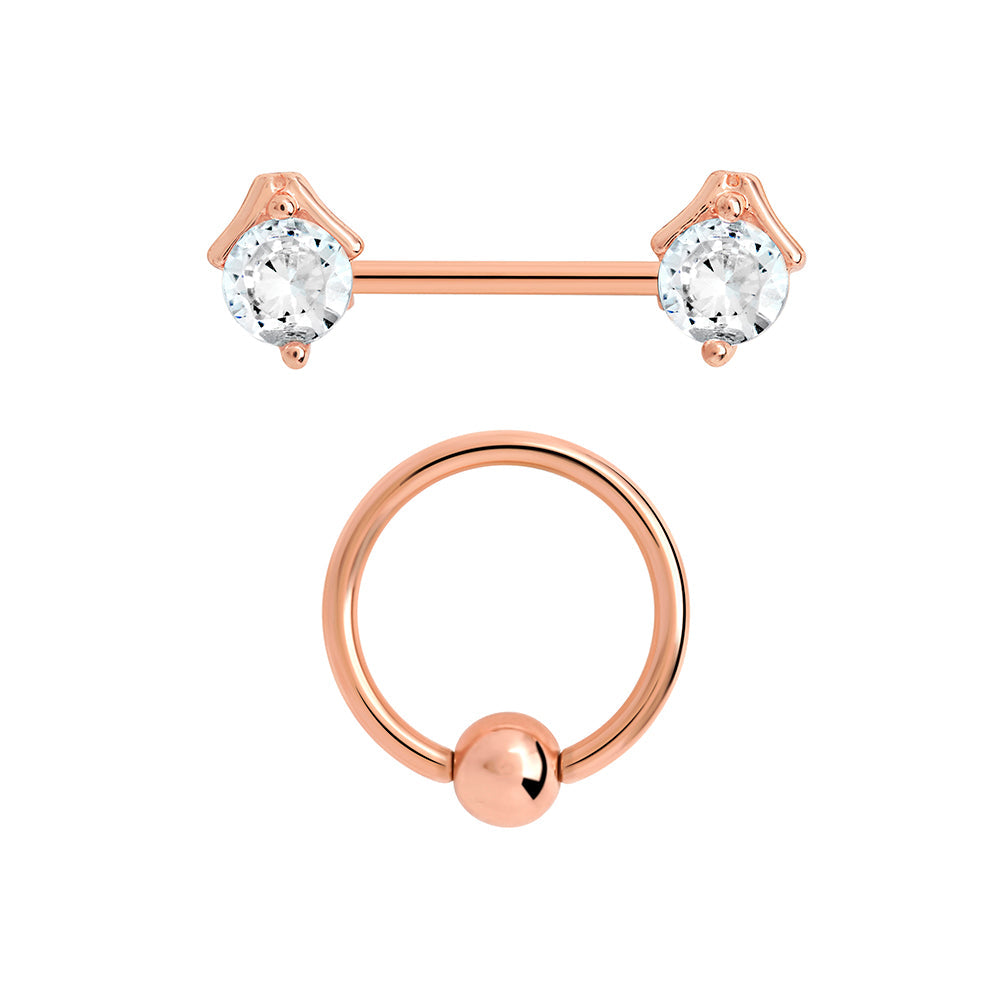 14g PVD Rose Gold Nipple Jewelry Set — Prong-Set Crystal Jeweled Straight Barbells and Captive Bead Rings