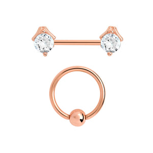 14g PVD Rose Gold Nipple Jewelry Set — Prong-Set Crystal Jeweled Straight Barbells and Captive Bead Rings