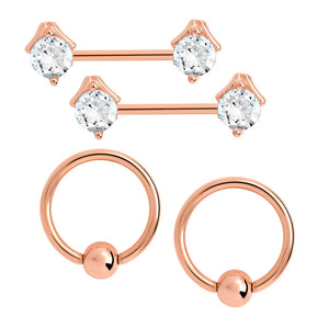 14g PVD Rose Gold Nipple Jewelry Set — Prong-Set Crystal Jeweled Straight Barbells and Captive Bead Rings