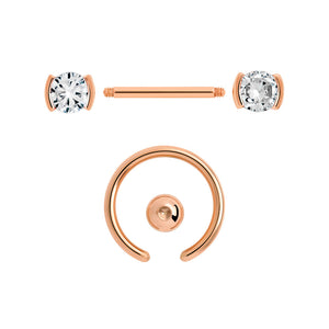 14g PVD Rose Gold Nipple Jewelry Set — Bezel-Set Crystal Jeweled Straight Barbells and Captive Bead Rings