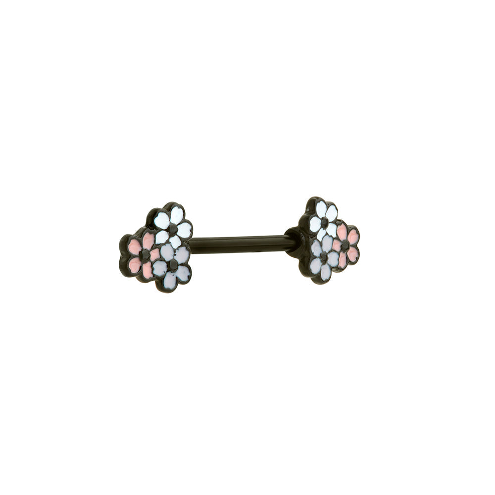 14g 13.3mm Cherry Blossoms PVD Black Nipple Barbell — Price Per 1