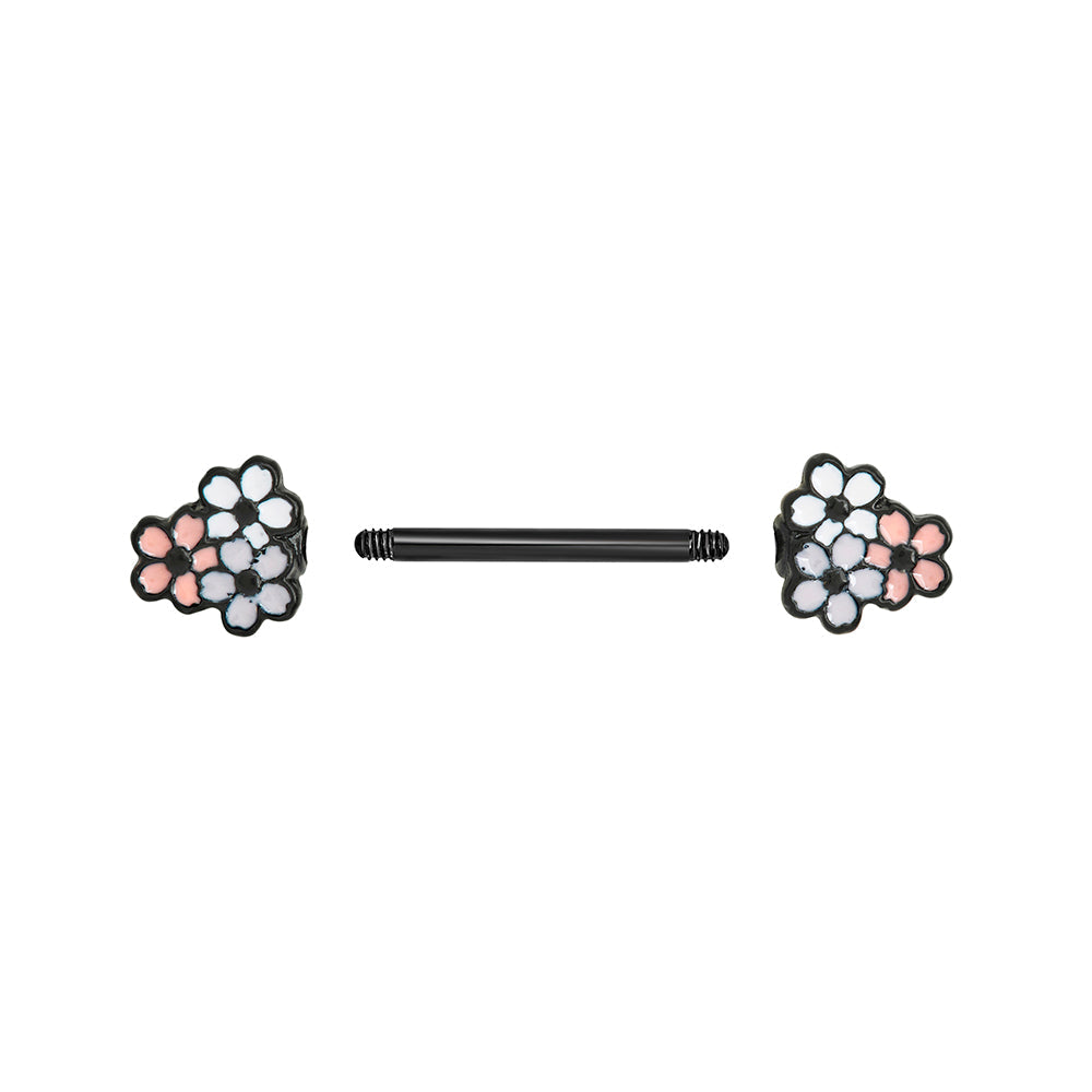 14g 13.3mm Cherry Blossoms PVD Black Nipple Barbell — Price Per 1