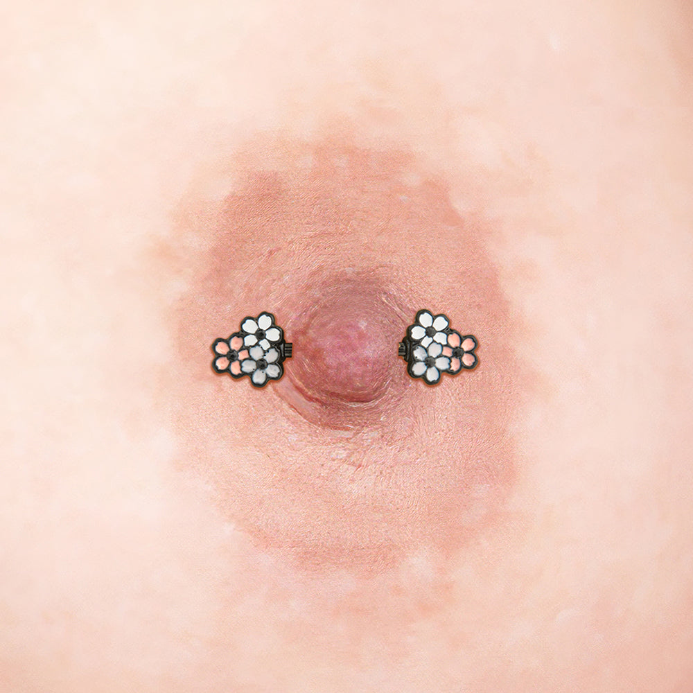 14g 13.3mm Cherry Blossoms PVD Black Nipple Barbell — Price Per 1