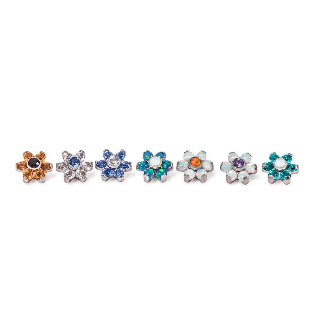 Tilum 14g-12g Internally Threaded Titanium Flower Top with White Opal Petals - Choose Center Jewel Color - Price Per 1