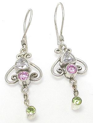 Triangle Cut Center Stone Sterling Silver Bali Dangle Earrings