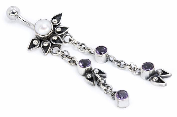 14g 7/16" Pearl Half Sunflower Dangle Bali Belly Button Ring