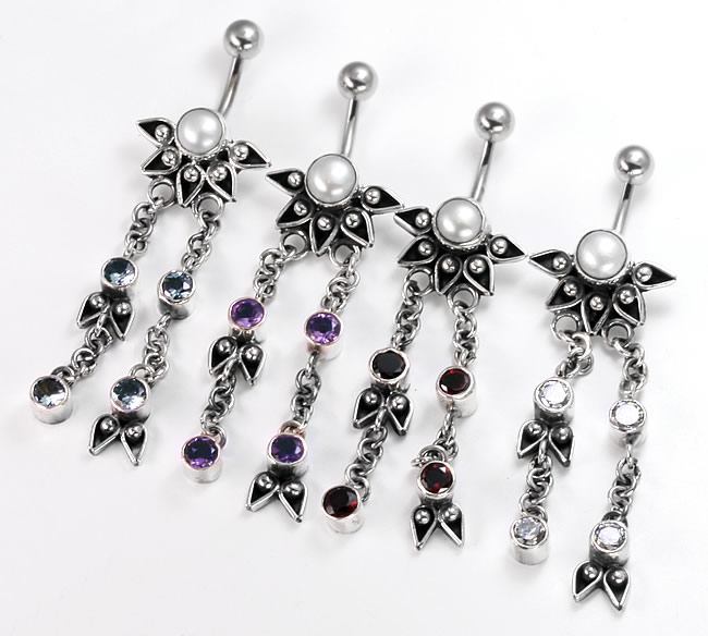 14g 7/16" Pearl Half Sunflower Dangle Bali Belly Button Ring