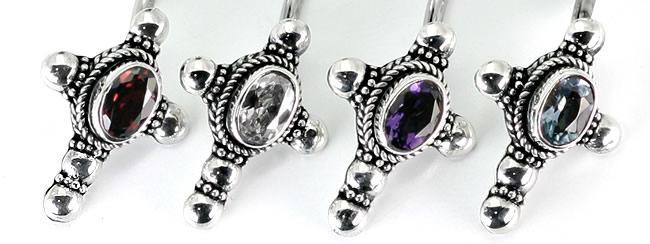 Bali Oval Gem Cross - Indonesian Style Sterling Silver Earrings