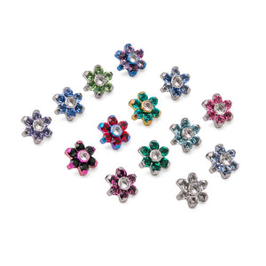 Tilum 18g-16g Internally Threaded Titanium Jewel Flower Top with Crystal Center - Choose Petal Jewel Color - Price Per 1