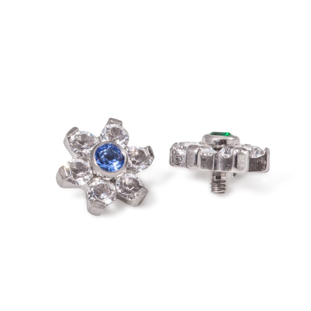 Tilum 14g-12g Internally Threaded Titanium Jewel Flower Top with Crystal Petals - Choose Center Jewel Color - Price Per 1
