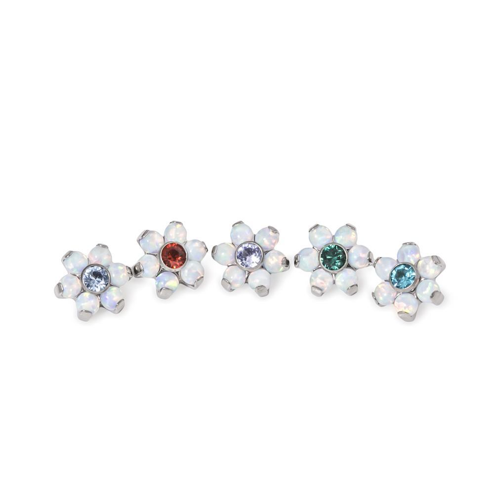 Tilum 14g-12g Internally Threaded Titanium Flower Top with White Opal Petals - Choose Center Jewel Color - Price Per 1