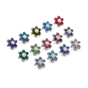 Tilum 18g-16g Internally Threaded Titanium Jewel Flower Top with White Opal Center - Choose Jewel Color - Price Per 1