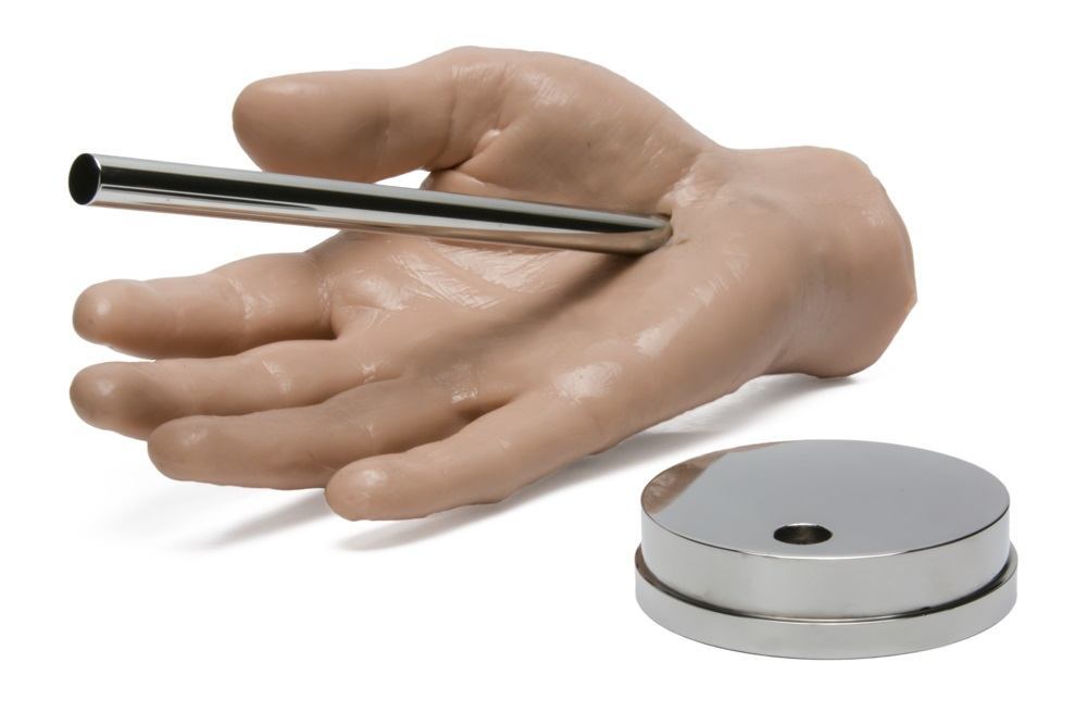 A Pound of Flesh Round Steel Display Stand for Synthetic Hands