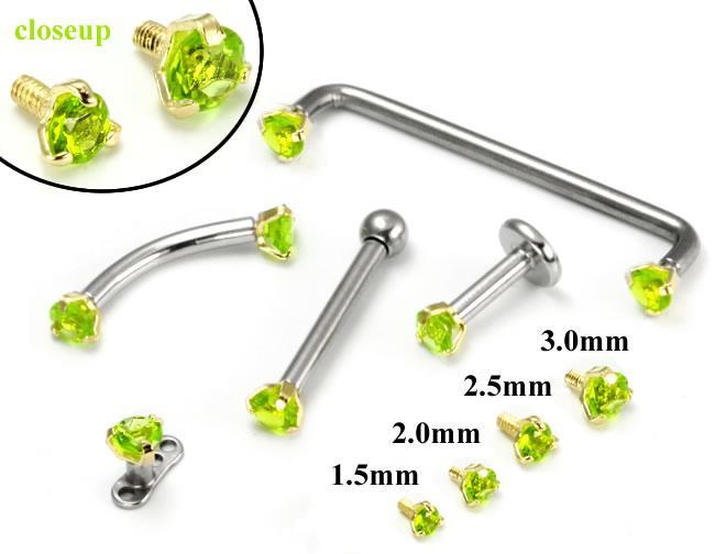 Tilum 14g-12g Internally Threaded Yellow Gold Light Green Jewel Top - Price Per 1