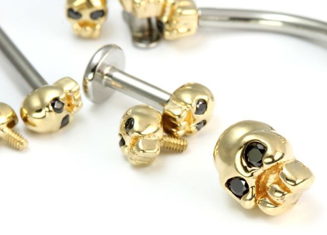 Tilum 14kt Yellow Gold Internally 1.2mm(14g) Threaded 8mm SKULL with BLACK Gem Eyes - Price Per 1