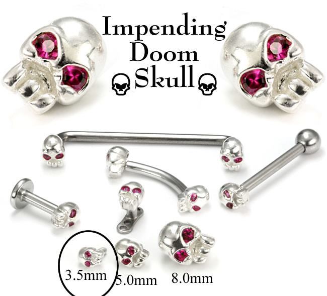 .925 Sterling Silver Internally 1.2mm(14g) Threaded 3.5mm SKULL with RED Gem Eyes - Price Per 1