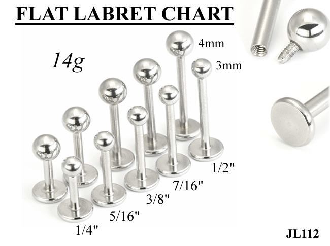 14g Internally Threaded Steel Lip Stud Labret Flat Back Disc