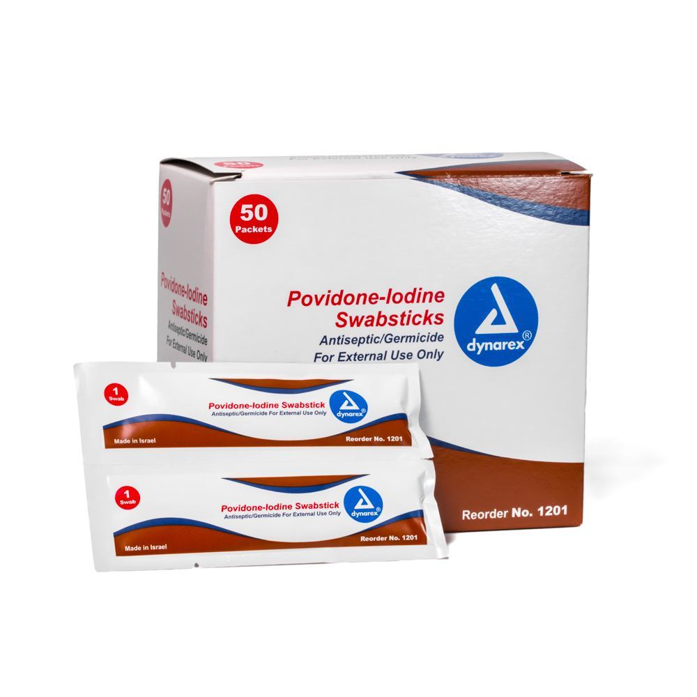 Dynarex Povidone-Iodine Swabsticks - One Box of 50 Individual Packets