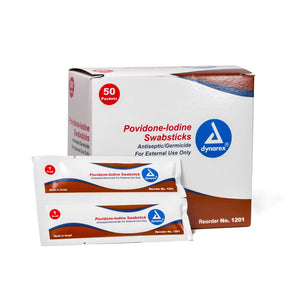 Dynarex Povidone-Iodine Swabsticks - One Box of 50 Individual Packets