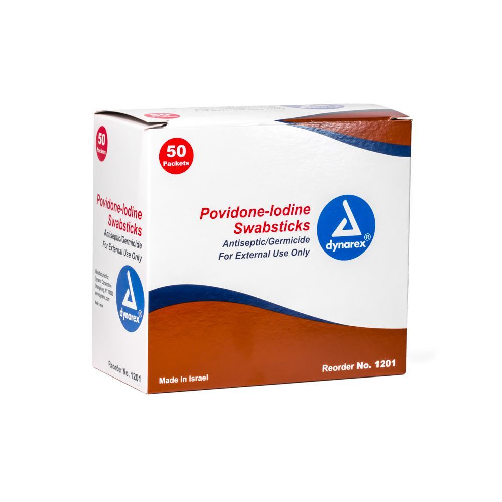 Dynarex Povidone-Iodine Swabsticks - One Box of 50 Individual Packets
