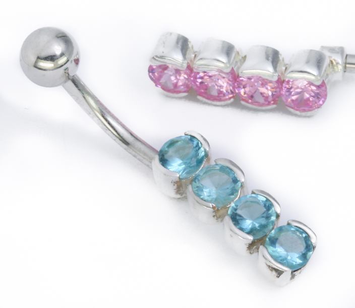 14g 3/8" Sterling Silver 4 Round Gems Belly Jewelry