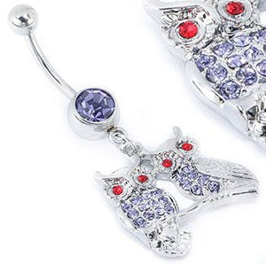 14g 7/16" SINGLE GEM LAVENDER Navel with OWLS on BRANCH Dangle Jewelry