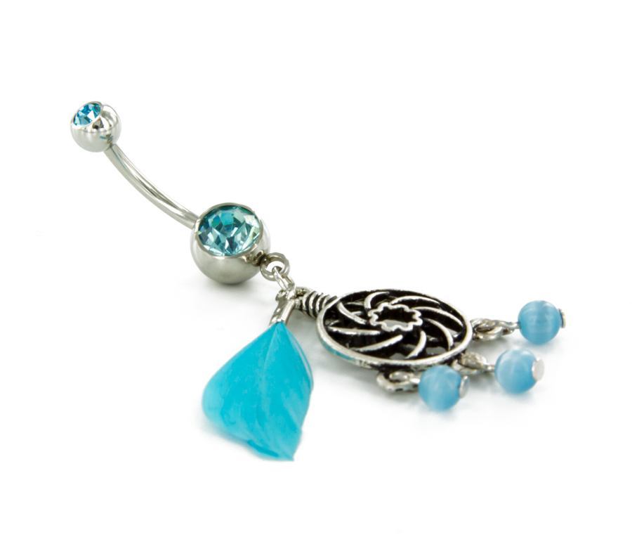 14g 7/16" Charm with Cats Eye Beads and Feather Dangle Navel Belly Jewelry