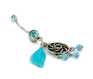14g 7/16" Charm with Cats Eye Beads and Feather Dangle Navel Belly Jewelry