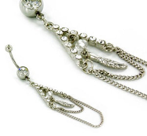 14g 7/16" Belly Button Navel Jewelry with Crystal Gems and Feather Charm Chains