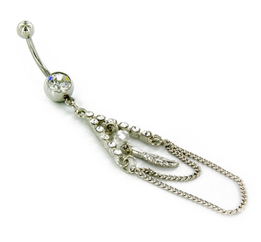 14g 7/16" Belly Button Navel Jewelry with Crystal Gems and Feather Charm Chains