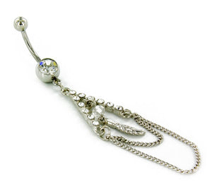 14g 7/16" Belly Button Navel Jewelry with Crystal Gems and Feather Charm Chains