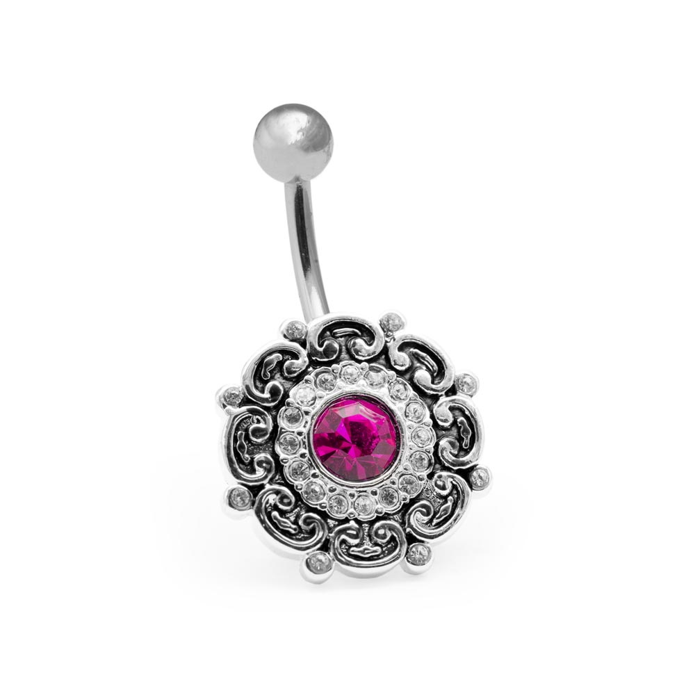 14g 7/16” Steel Jeweled Filigree Belly Button Ring