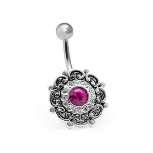 14g 7/16” Steel Jeweled Filigree Belly Button Ring