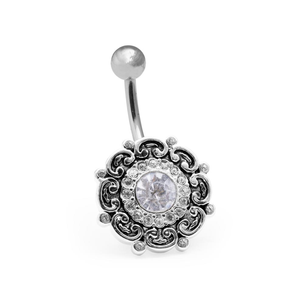 14g 7/16” Steel Jeweled Filigree Belly Button Ring