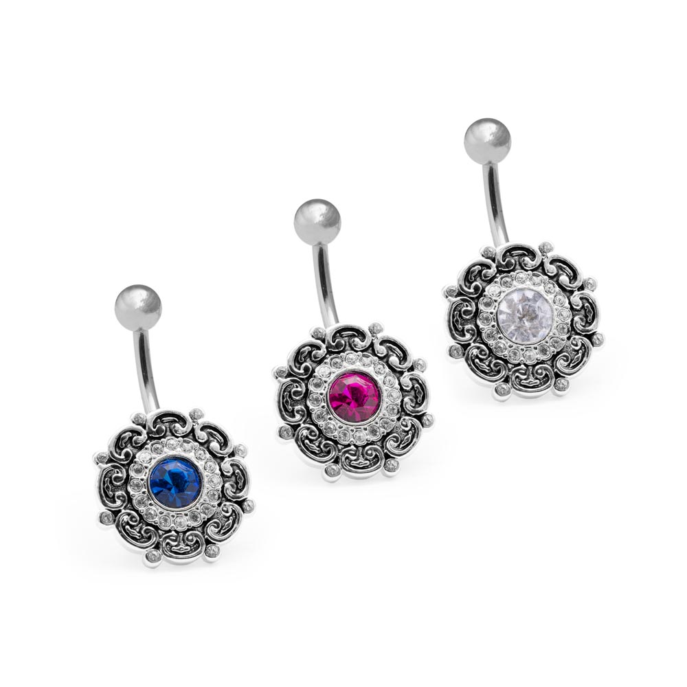14g 7/16” Steel Jeweled Filigree Belly Button Ring