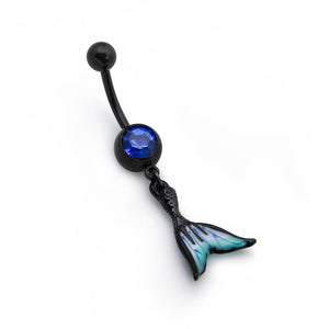 14g 3/8” PVD Black Jeweled Mermaid Tail Dangle Belly Button Ring