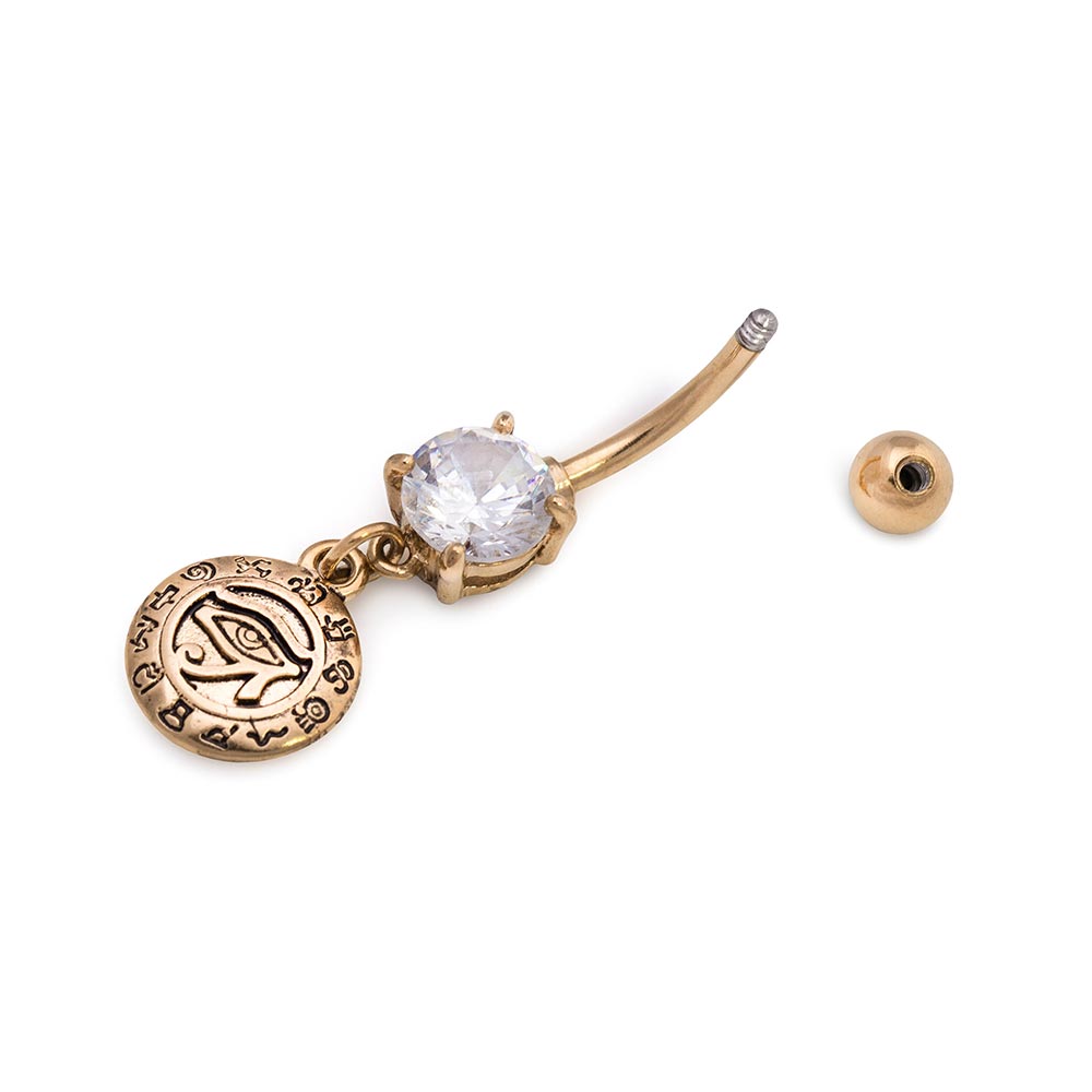 14g 3/8” PVD Gold Crystal Jewel Eye of Horus Dangle Belly Button Ring