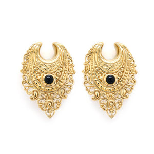 Polished Brass Filigree Black Onyx Saddle Plugs — Price Per 2