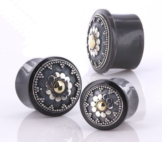 TOP HAT GOLDEN INDONESIAN SUN SILVER Design Plug Horn Organic Ear Jewelry - Price Per 1